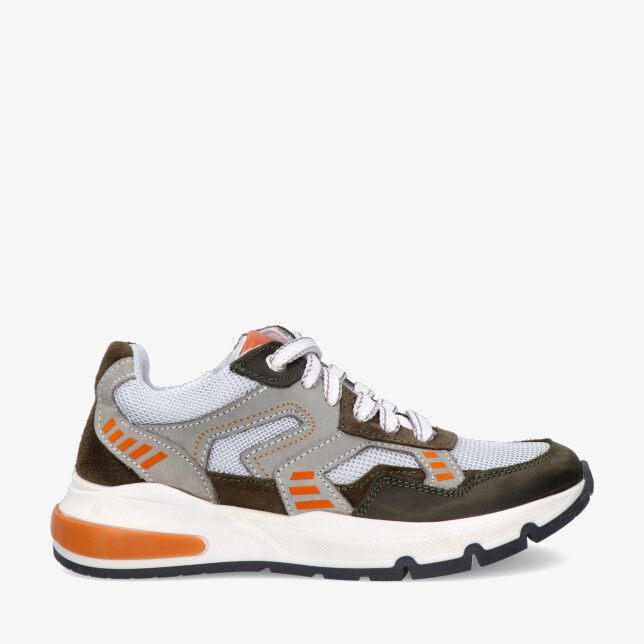 Groene Track Style Scott Splin sneaker 326356 168-W5 in leren combinatie met grijs mesh oranje accenten en chunky zool