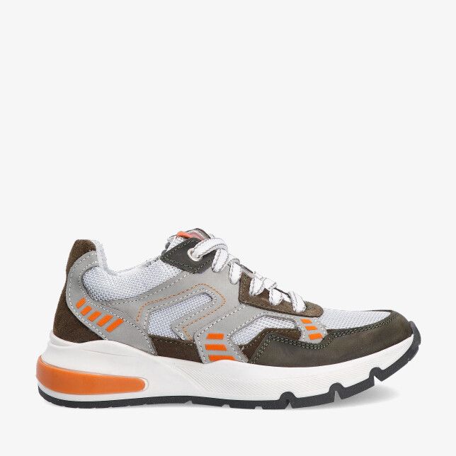 Groene Track Style SCOTT SPLIN 326356 168-W2 lage sneaker in leren combi met suède en mesh oranje accenten en dikke zool