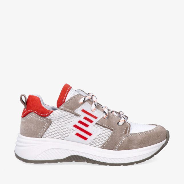 Witte leren sneaker Track Style Elias Engel 326303 411-W5 met mesh zijpanelen grijze suède overlays en rode accenten