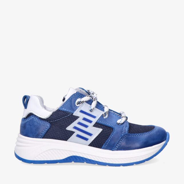 Blauwe leren Track Style Elias Engel 326303 129-W5 sneaker met mesh panelen witte zool blauwe loopzool tweekleurige veters