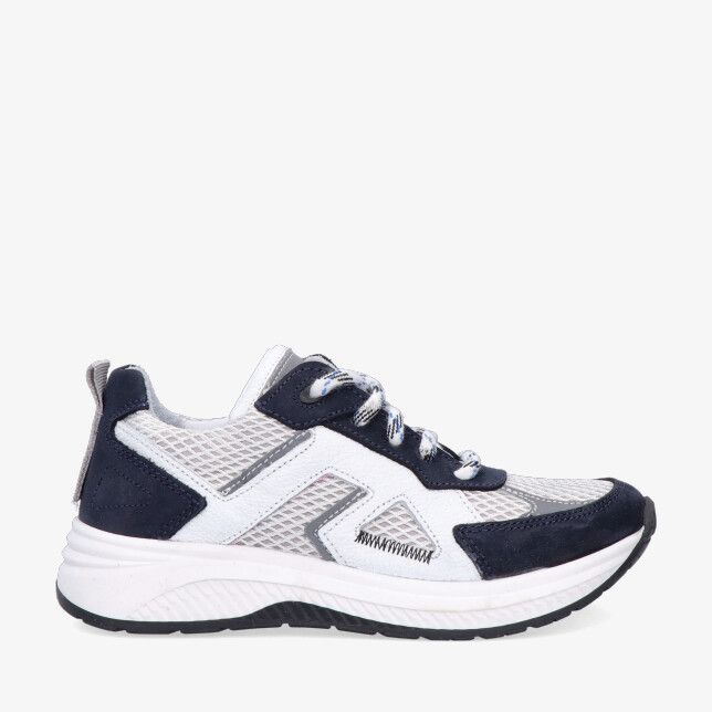 Blauwe Track Style EVAN ENGEL 326355 129-W5 sneaker in leren combi met wit mesh en suède overlays op dikke witte zool
