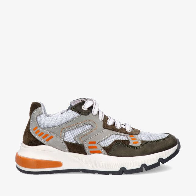 Groene Track Style Scott Splin 326356 168-W3 sneaker in combinatie van leer en mesh met oranje accenten en dikke zool