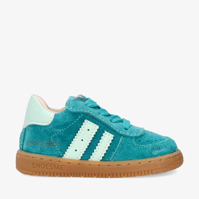 Turquoise suède Shoesme baby sneaker BN26S002 E met crèmekleurige strepen mint hielstuk veters en gumzool