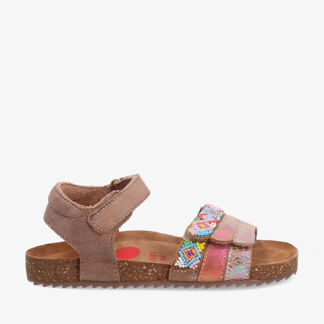Taupe sandaal van Shoesme IC26S004 A in leercombinatie met klittenband gekleurde kraaltjes op de bandjes en kurkzool