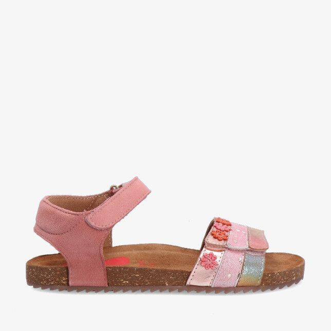 Roze sandaal van Shoesme model IC23S004 C in leren combinatie met glanzende bandjes met bloemen en klittenband op kurkvoetbed