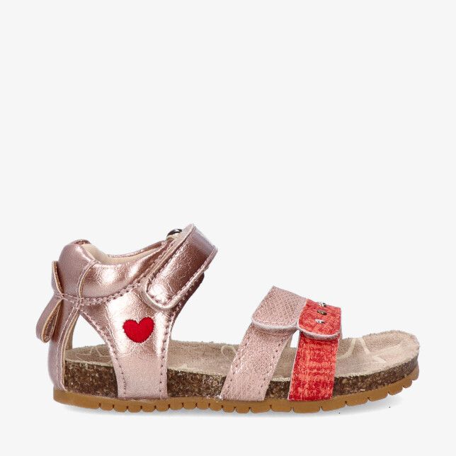 Roze nubuck sandaal Shoesme BI26S003 D met klittenband rode voorband kurken voetbed en geborduurd hartje
