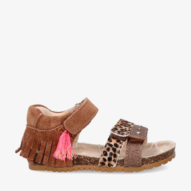 Bruine Shoesme BI26S011 B sandaal van nubuck met franjes neonroze kwastje panterprint glitterband en gesp op kurkzool
