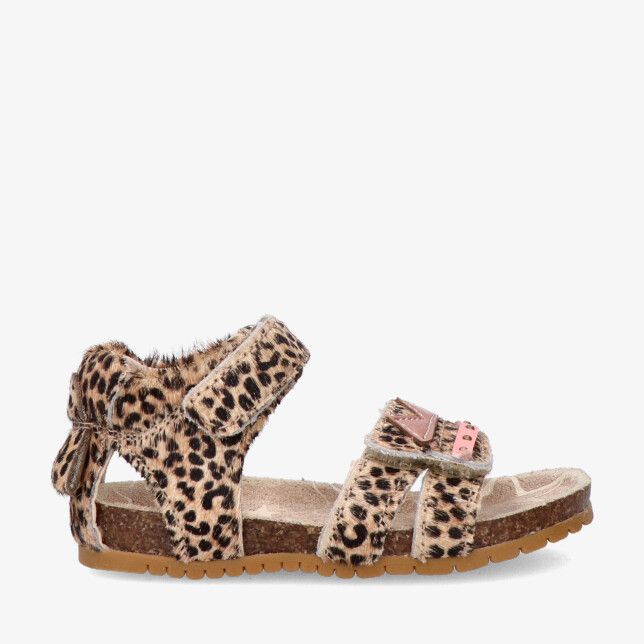 Beige nubuck sandaal Shoesme BI26S010 C met luipaardprint klittenbandsluitingen en kurken voetbed met rubberzool