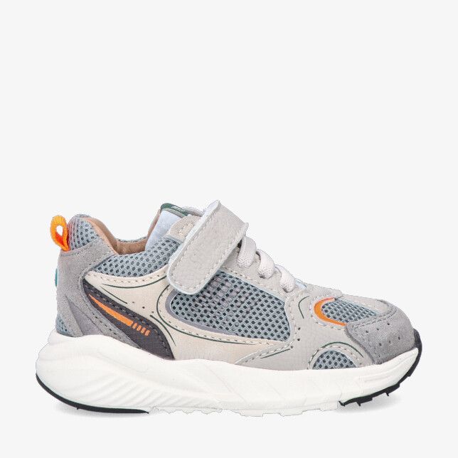 Grijze Shoesme BL26S001 F sneaker van nubuck met mesh klittenbandsluiting veters en witte zool met oranje detail