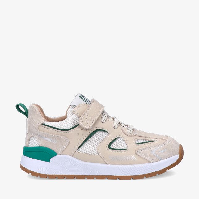 Beige nubuck sneaker Shoesme ST26S022 A met mesh groene details veters en klittenband op witte zool met bruine loopzool