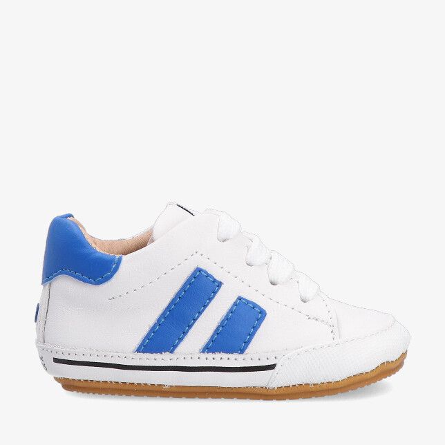 Witte leren Shoesme Baby Proof BP26S021 L babysneaker met blauwe strepen veters en rubberen antislipzool