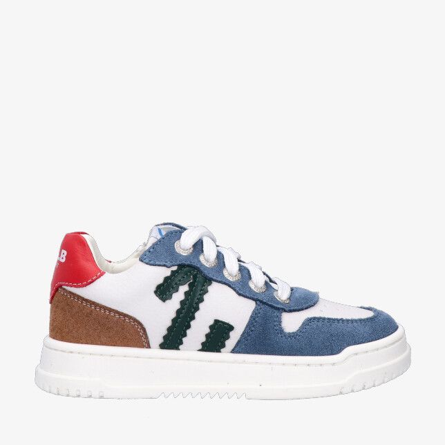 Develab Boys Low Cut Sneaker 44431 693 in blauwe suède met witte basis groene zigzagstrepen rood hielaccent en veters