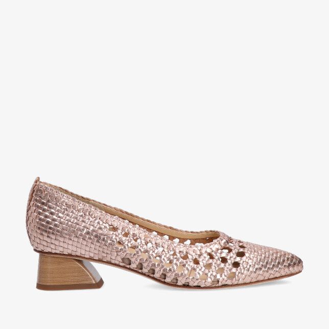 Bronzen leren Brunate 32378 Woven Nude pump met gevlochten opengewerkt bovenwerk en lage blokhak
