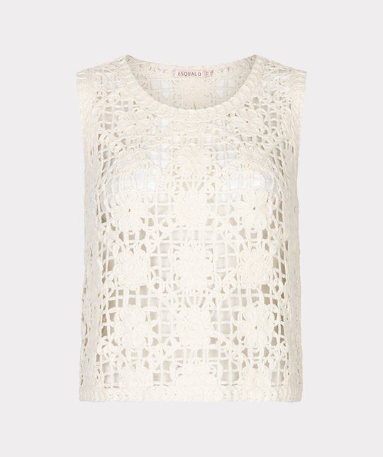 Beige EsQualo top HS26.02205 165 met ronde hals en mouwloos gehaakt kant met bloemmotief semi transparant en rechte pasvorm