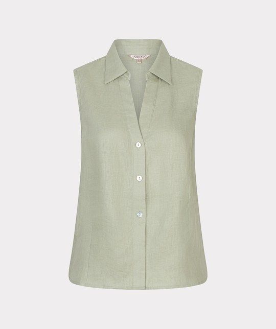 Groene mouwloze blouse van EsQualo model HS26.28226 310 met kraag V-hals en knoopsluiting in linnenlook losse pasvorm