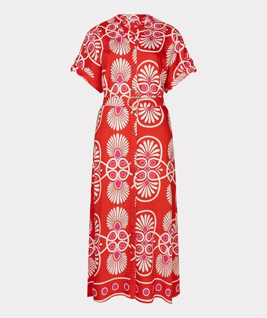 EsQualo jurk HS26.10202 999 rode maxi shirtjurk met korte mouwen knopen ceintuur met ringgesp en grafische bloemprint