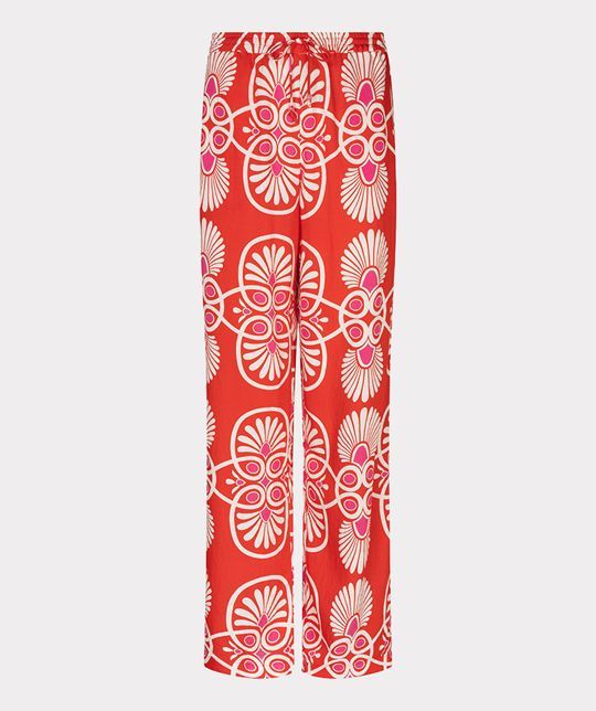 Rode EsQualo HS26.10204 999 broek met wijde pijpen en elastische taille met strikkoord en groot wit roze retro patroon