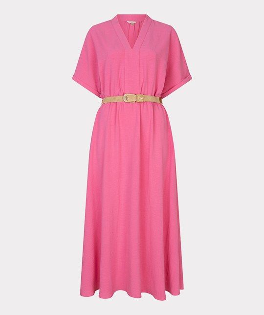 Roze maxi-jurk van EsQualo HS26.10218 520 met V-hals kimono mouwen en beige geweven riem