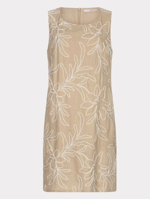 Beige EsQualo jurk model HS26.15209 180 zonder mouwen met ronde hals en wit geborduurd bloemmotief in linnenlook