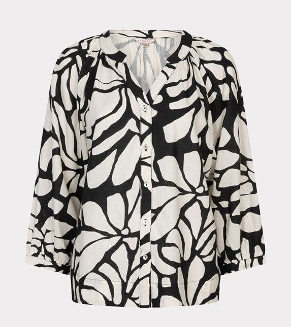 Zwarte EsQualo blouse HS26.28211 999 met abstracte zwart witte print V-hals knopen losse pasvorm en elastische mouwen