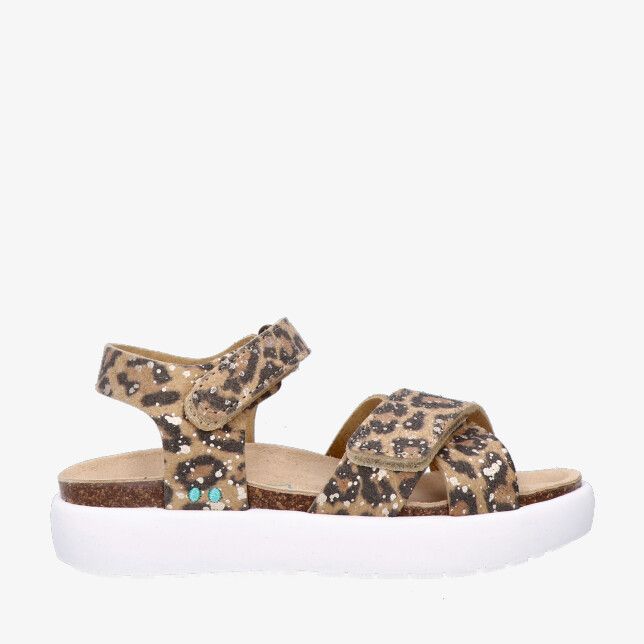 Bunnies JR Vita V 226426 713 sandaal in camelbruine nubuck met luipaardprint klittenband en dikke witte zool