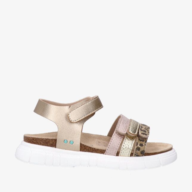 Sandaal Bunnies JR Bette 226423 794 in gouden metallic leer met klittenband en panterprint bandjes witte zool en kurkvoetbed