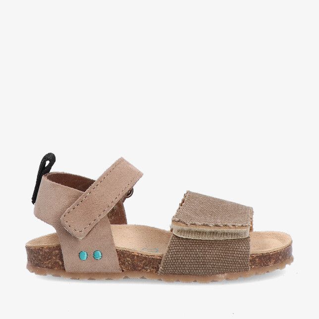 Taupe sandaal van Bunnies JR BODIJN 226407 408 in leren combi met canvas voorband klittenbandsluiting en kurkvoetbed en turquoise studs