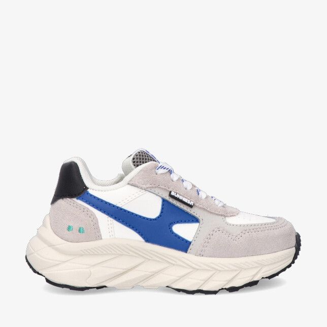 Witte Bunnies JR Rio RU 226071 401 kindersneaker in leercombi met suède overlays blauw zijpaneel zwarte hielkap chunky zool