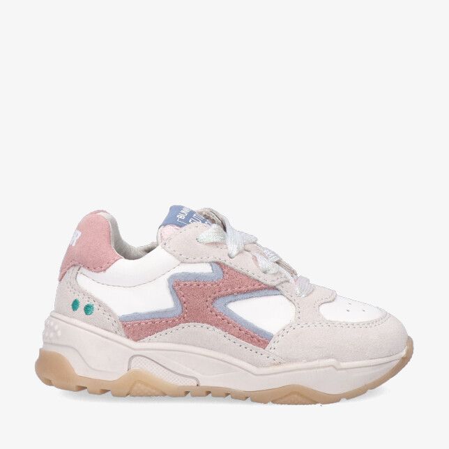 Witte Bunnies JR CLEO C 226222 400 sneaker in leercombi met suède roze panelen blauwe bies dikke zool en perforaties