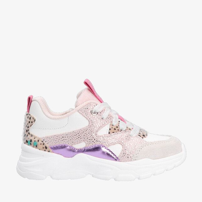 Beige Bunnies JR Sanne 226051 994 sneaker in leren combi met glitter en panterdetails paarse metallic accent en chunky zool
