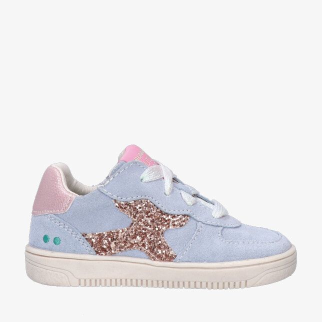 Bunnies JR MONICA 226207 422 blauwe suède kindersneaker met roségouden glitterster roze hiel en witte zool