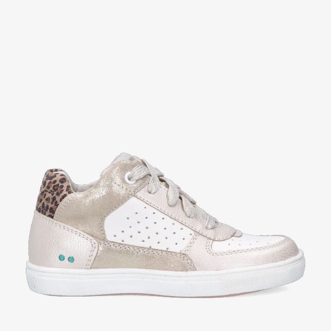 Beige Bunnies JR Loran 226216 996 sneaker in leercombinatie met perforaties panterprint hiel en witte zool