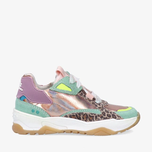 Groene Bunnies JR CODY C 226220 459 sneaker in leren combi met metallic roségouden accenten panterprint en witte chunky zool