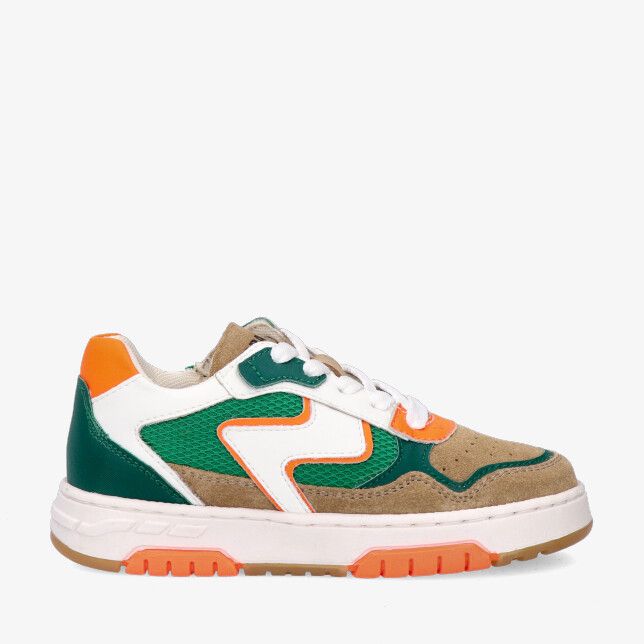 Beige Braqeez COLIN 426176 411 sneaker in leren combi met suède en groen mesh met witte en oranje details op dikke zool