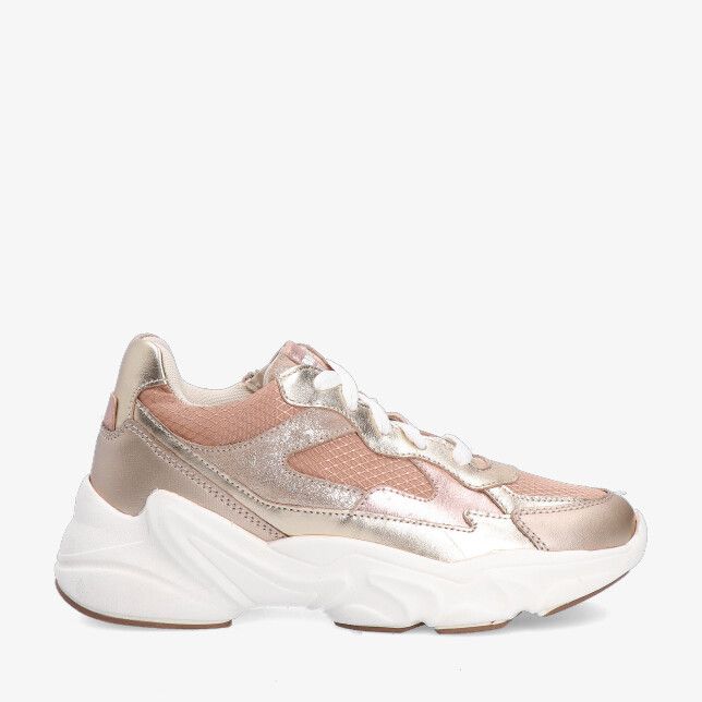 Taupekleurige Braqeez FENNA 426160 908 sneaker in leren combi met metallic glans en mesh details chunky witte zool en veters