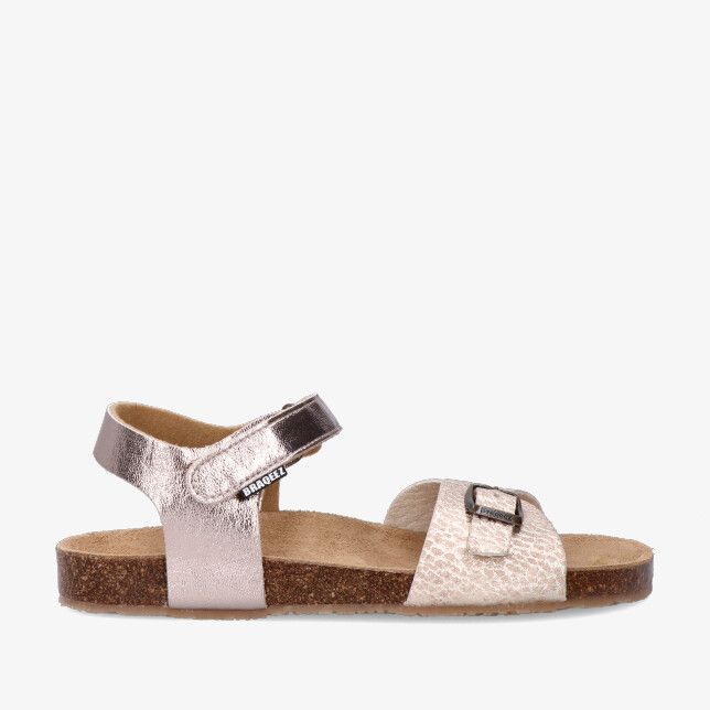 Roze leren combi sandaal Braqeez SUNNY 426412 796 met metallic glans gesp en klittenbandsluiting op kurkvoetbed