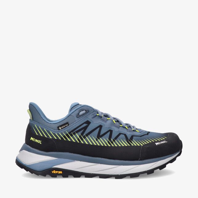 Blauwe Meindl ELDORA GTX 4786 29 schoen met mesh neongele strepen zwarte stootrand dikke zool en Vibramzool