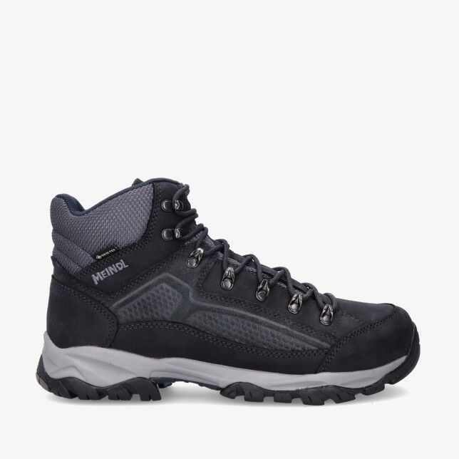 Blauwe nubuck wandelschoen Meindl Baltimore GTX 2964 49 met halfhoge schacht grijze mesh kraag metalen haken en gripzool