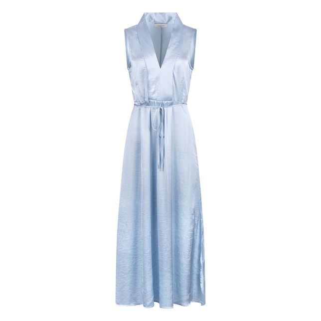 Blauwe NUKUS Violet Dress Silky NKS14018 312 maxi-jurk zonder mouwen met V-hals kraag en strikceintuur in glanzende stof