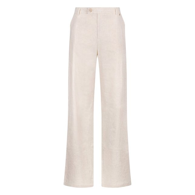 Ecrukleurige NUKUS Eline Pants model NKS09080 9 met tailleband wijde rechte pijpen linnenlook en een knoopsluiting