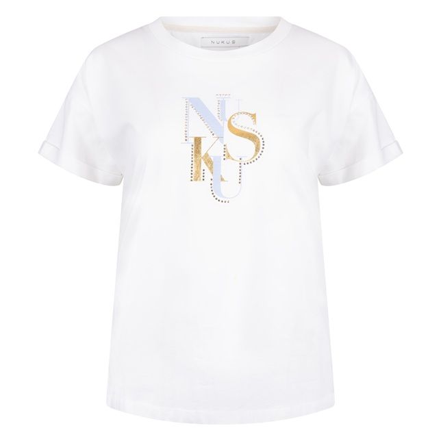 Gebroken witte NUKUS Rowena Shirt NKS04018 315 met ronde hals korte mouwen en grafische letterprint met gouden accenten