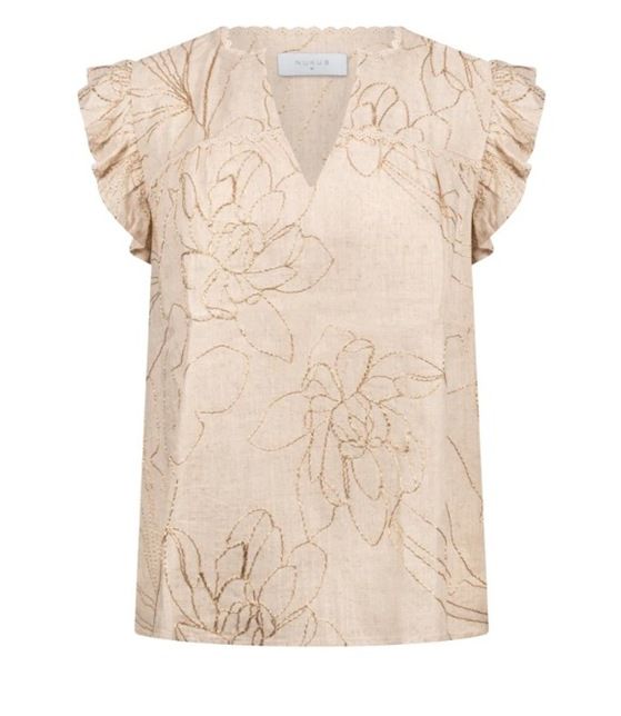 Ecrukleurige NUKUS Lori Top Embroidery NKS01118 9 met V-hals ruffle mouwtjes en geborduurd bloemmotief in losse pasvorm