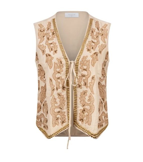 Ecru NUKUS Momo gilet met rijk borduursel model NKS08027 9 V-hals gouden bies mouwloos met strikkoordsluiting