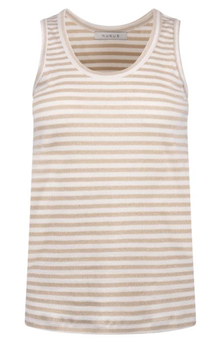 NUKUS Steffie singlet in gebroken wit met beige lurexstrepen ribgebreide stof en ronde hals NKS01168 126