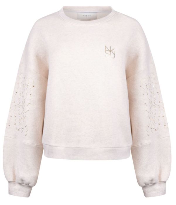 Beige NUKUS Rami pullover model NKS03067 54 met ronde hals relaxte pasvorm ribboorden subtiel gouden logo en mouwdetails