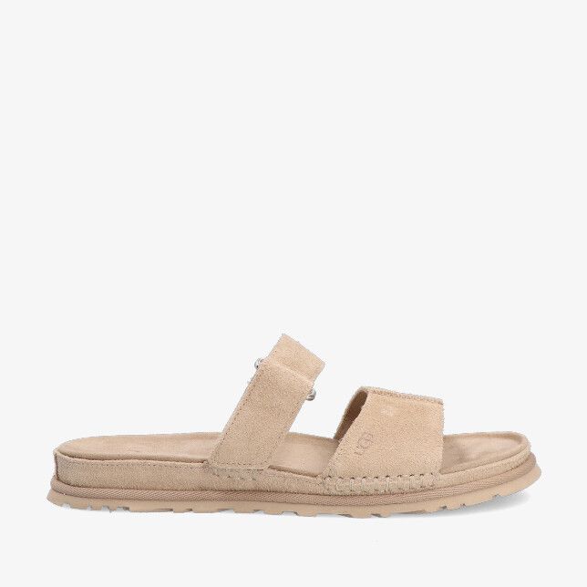 Beige suède UGG Goldengaze Slide 1178590 MDSD met twee banden gestikte rand en platte profielzool