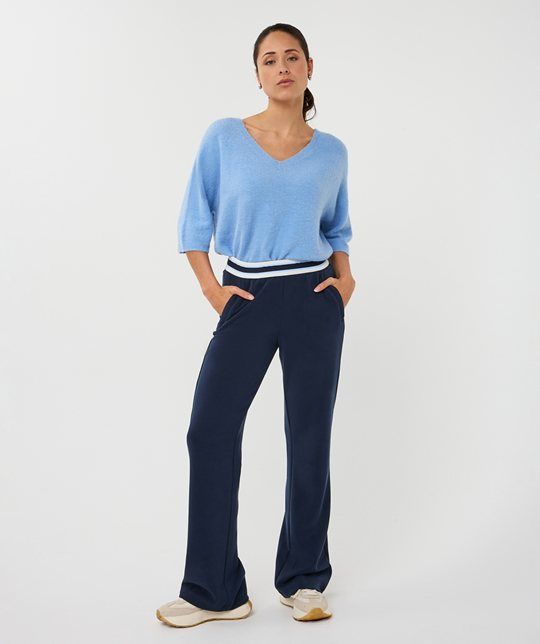 Blauwe EsQualo SP26.05003 690 broek met wijde pijpen elastische taille met witte strepen en steekzakken in soepele stof
