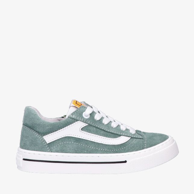 Groene Poldino 6723 CG sneaker van nubuck met witte golfvormige bies witte veters en dikke zool met zwarte streep
