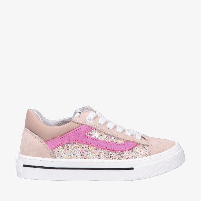 Roze Poldino 6723 GF lage sneaker in nubuck met glinsterende zijkanten witte veters en dikke witte zool