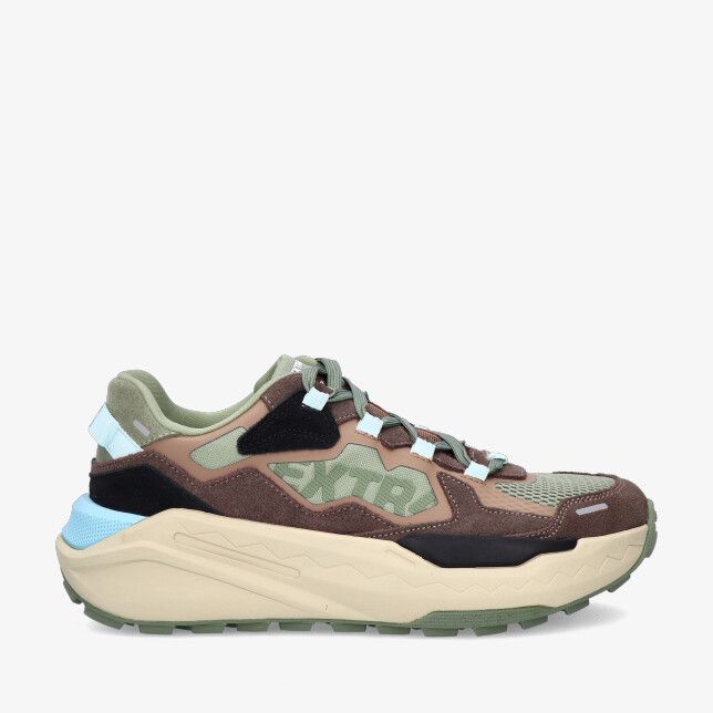 Groene EXTR4 Kaizen XL 1.08 1202533 sneaker met mesh bovenwerk suède overlays en dikke beige zool met lichtblauwe details